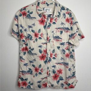 American Eagle Outfitters Floral Casual Shirt - Red and Blue on Cream